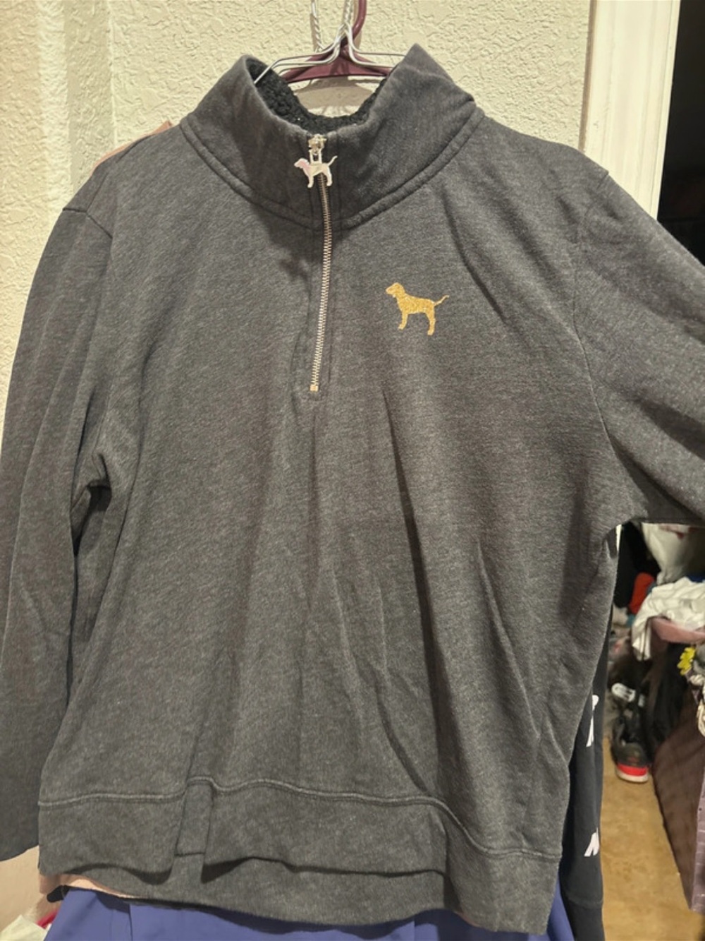 PINK Victoria's Secret Charcoal Quarter-Zip Pullover with Gold Dog Emblem